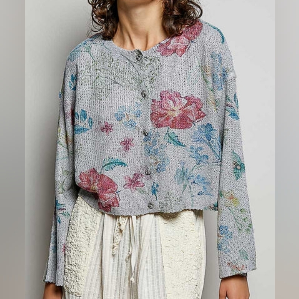 POL Floral Print Button-Down Knit Cardigan